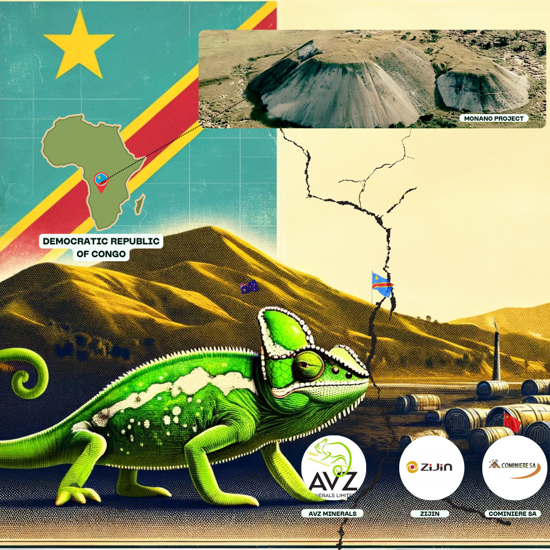 A graphic show AVZ Minerals' chameleon logo in the Congo with the key players in the Manono Project legal battles