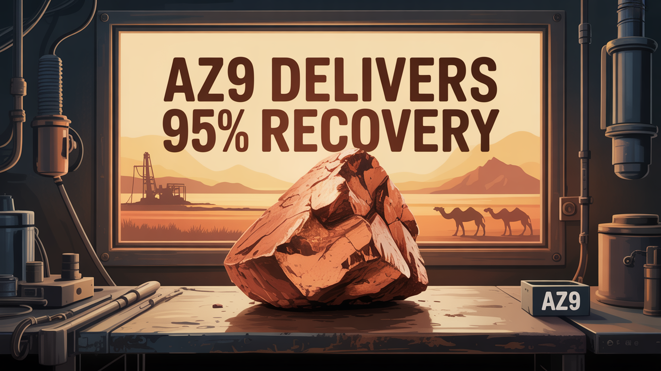 Large copper rock on a lab table with desert backdrop and headline text ‘AZ9 delivers 95% recovery