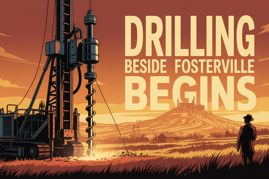 Stylised illustration of a drill rig starting work near Fosterville Gold Mine at sunset, symbolising Bubalus Resources’ first drilling at Crosbie North.