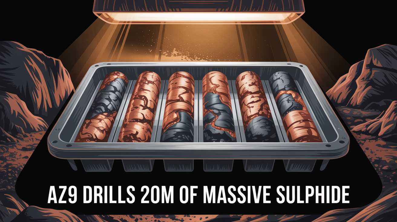 Illustration of copper drill cores under inspection light, representing AZ9’s 20m massive sulphide drill result.