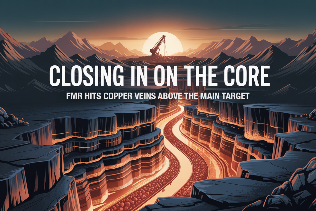 Stylised illustration of a copper-rich canyon with a drill rig on a ridgeline at sunrise, symbolising FMR Resources’ progress toward the main copper target at Llahuin.