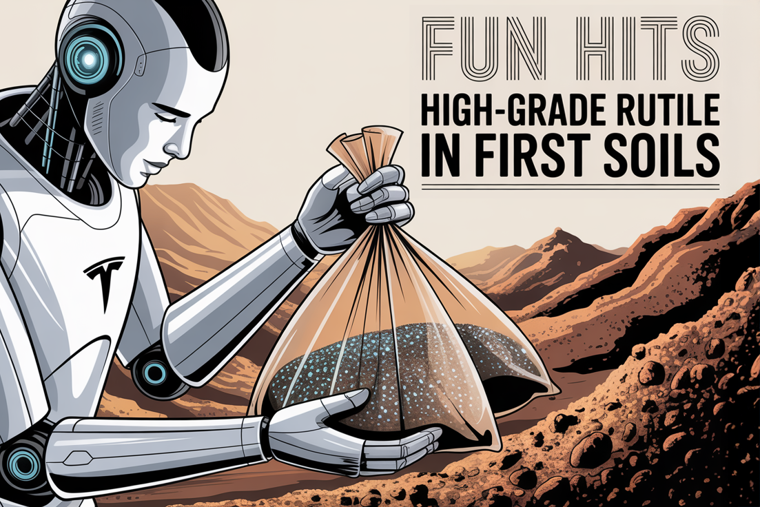 Robot holding a bag of rutile-rich soil, symbolising how early sampling results connect to rising titanium demand from humanoid robotics.