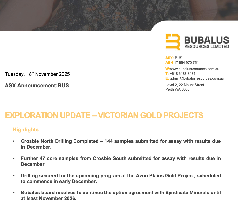 Bubalus Resources announcement dated November 18, 2025