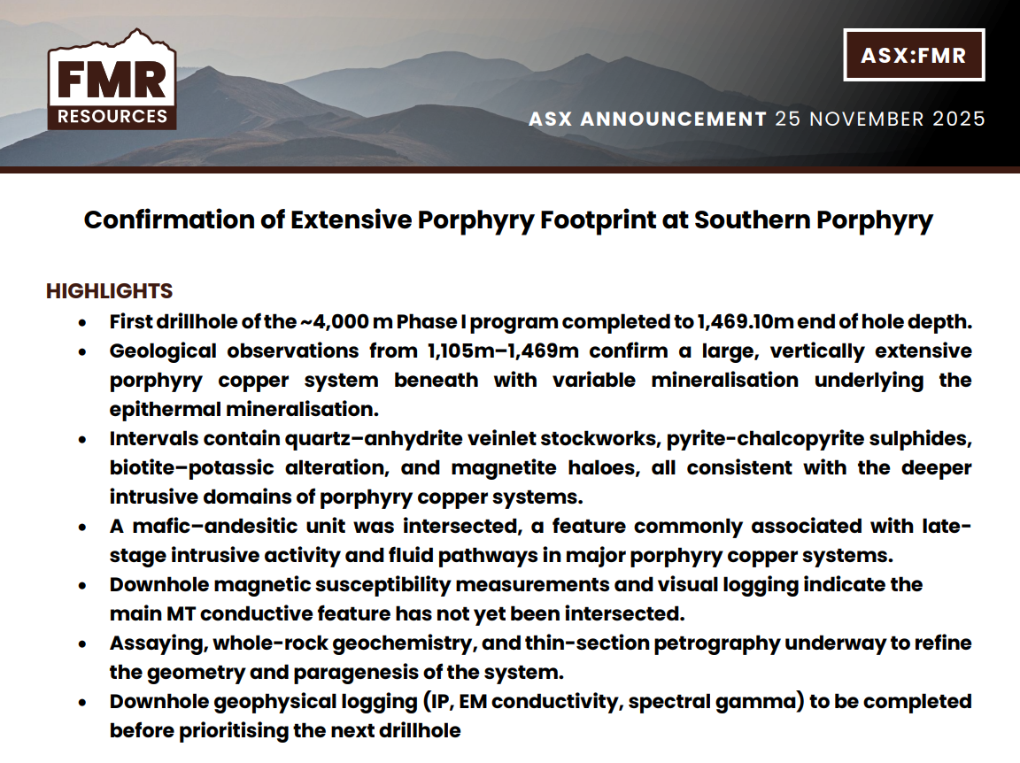 ASX announcement page with FMR Resources header, titled highlights summarising drill results and porphyry system findings