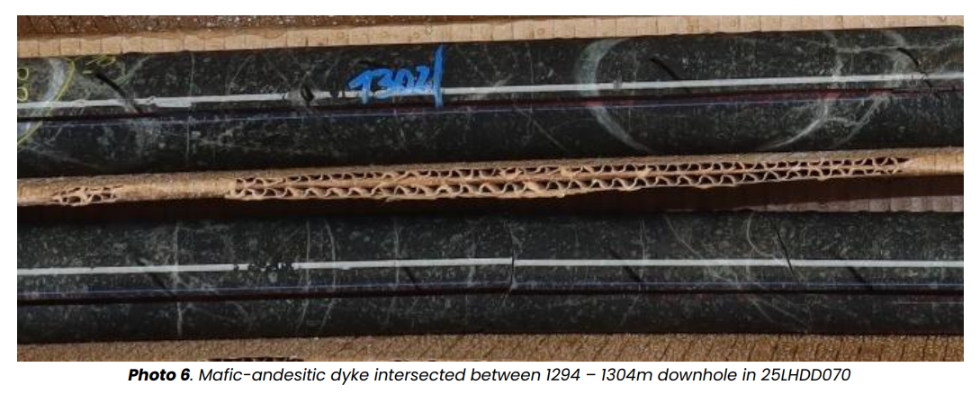 Dark drill core sections with fine veining, labelled markings and cardboard spacers showing a mafic–andesitic dyke.