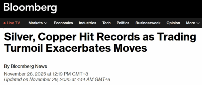 A screenshot of a Bloomberg news headline dated November 28, 2025, reading: "Silver, Copper Hit Records as Trading Turmoil Exacerbates Moves."