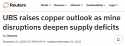 A screenshot of a Reuters news article headline dated November 24, 2025, which reads: "UBS raises copper outlook as mine disruptions deepen supply deficits."