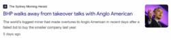 A screenshot of a Sydney Morning Herald article headline: "BHP walks away from takeover talks with Anglo American." The thumbnail shows a man in a suit speaking in front of a purple background.
