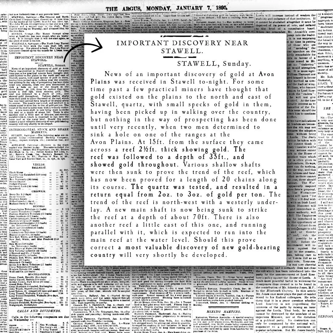 Historic newspaper clipping reporting an 1885 gold discovery near Stawell, detailing quartz reefs and early shaft results.