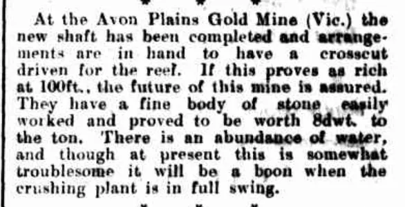 Old newspaper excerpt describing progress at Avon Plains Gold Mine, noting rich stone, water supply, and new shaft work.