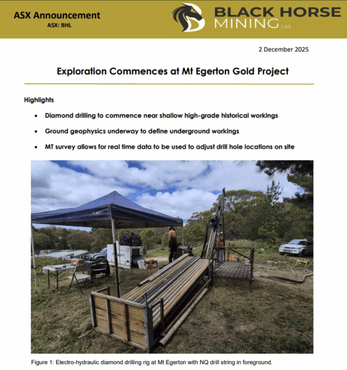 Drill site at Mt Egerton showing diamond drill rig, core tubes, gazebo workspace and operators in a wooded area. 