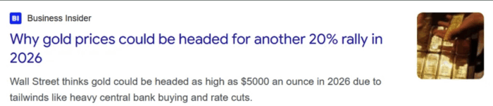 Business Insider headline saying gold could rally 20% in 2026 with forecasts reaching US$5,000 an ounce.