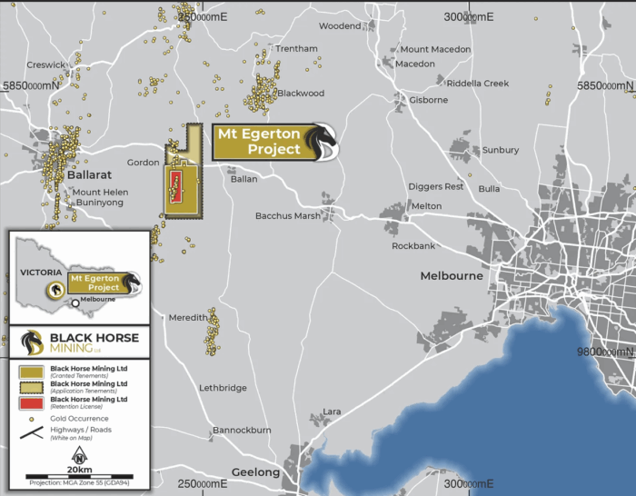 Map showing Black Horse Mining’s Mt Egerton project area near Ballarat with tenements highlighted and gold occurrences marked. 