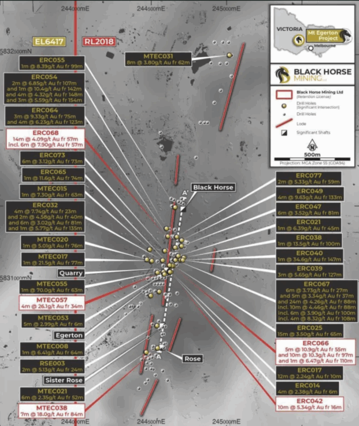 Map showing Mt Egerton drill collars, gold intercepts and lode trend, with significant high-grade results labelled along the vein.