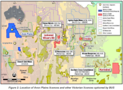 Map showing Avon Plains licences and nearby Victorian gold projects, mines and company tenements with colour-coded boundaries.