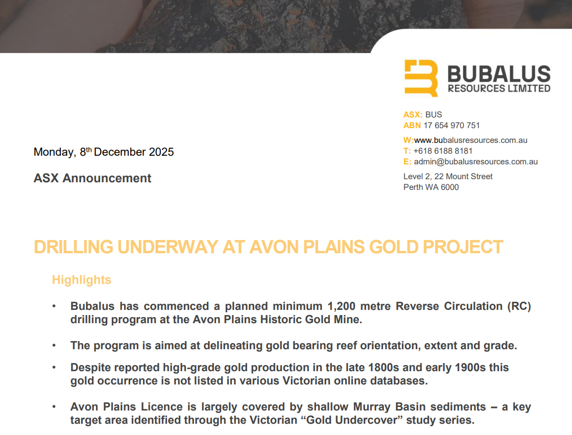 Bubalus Resources ASX announcement header showing drilling underway at Avon Plains Gold Project with company details.