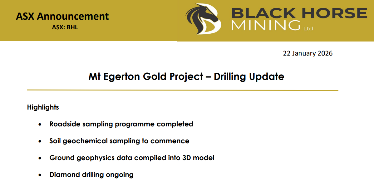 ASX announcement slide from Black Horse Mining (ASX: BHL) dated 22 January 2026 outlining a Mt Egerton gold drilling update and highlights