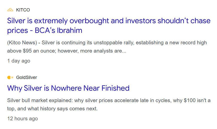 Search results showing headlines warning silver is overbought and another arguing the silver bull market is not finished