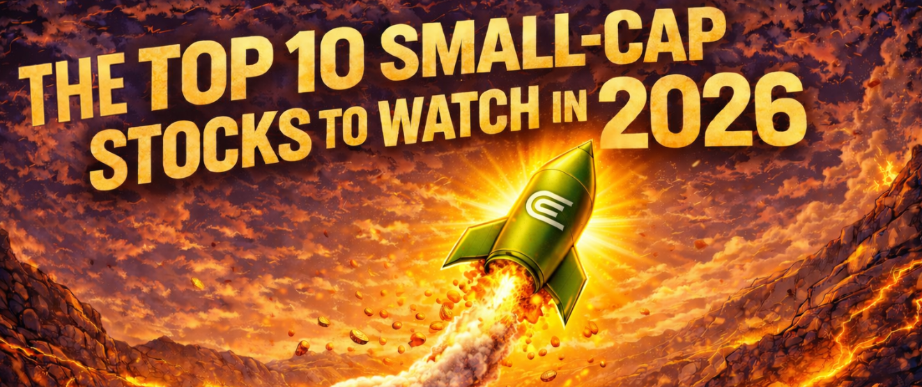 Illustration of a rocket launching against a fiery sky with the headline The Top 10 Small-Cap Stocks to Watch in 2026