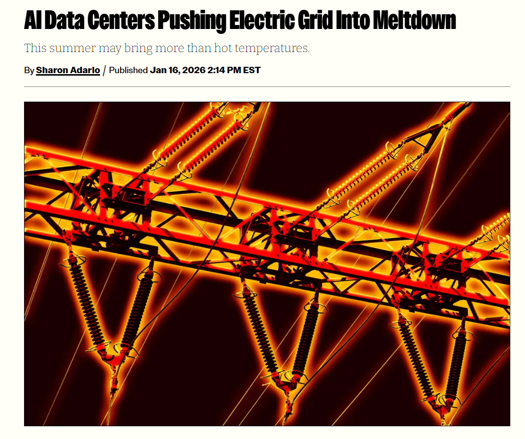 Stylised image of high-voltage power lines glowing red, symbolising grid strain from rising AI data centre electricity demand.