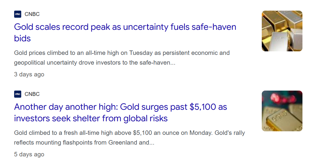 CNBC headlines showing gold hitting record highs as investors seek safe havens amid economic and geopolitical uncertainty.