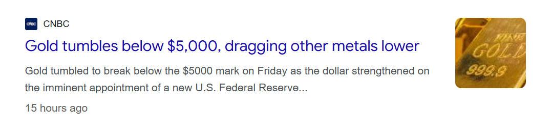CNBC headline reporting gold falling below US$5,000 an ounce, dragging other metals lower amid a stronger dollar.