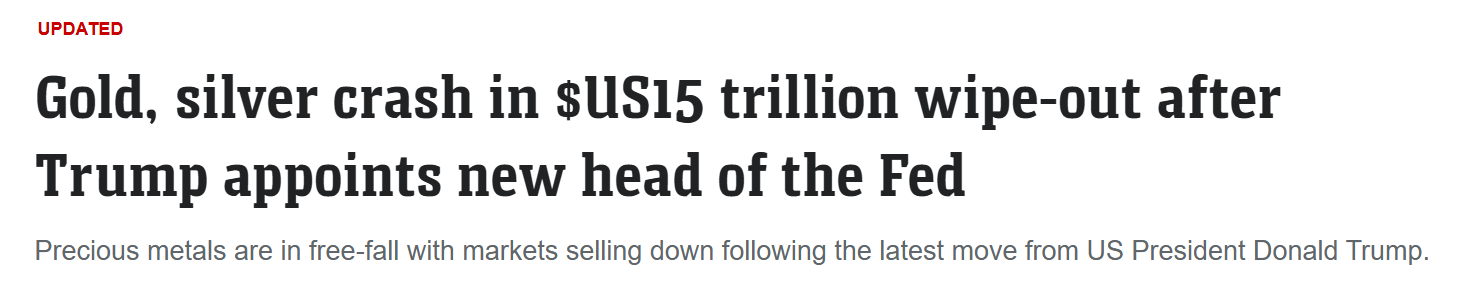 News headline claiming gold and silver crashed after Trump appointed a new Federal Reserve chair, citing a US$15 trillion market wipe-out.