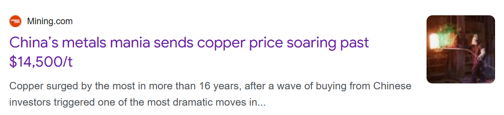 Mining.com headline reporting copper prices surging past US$14,500 per tonne amid strong buying from Chinese investors.