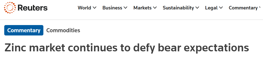 Reuters commentary headline stating the zinc market continues to defy bearish expectations.