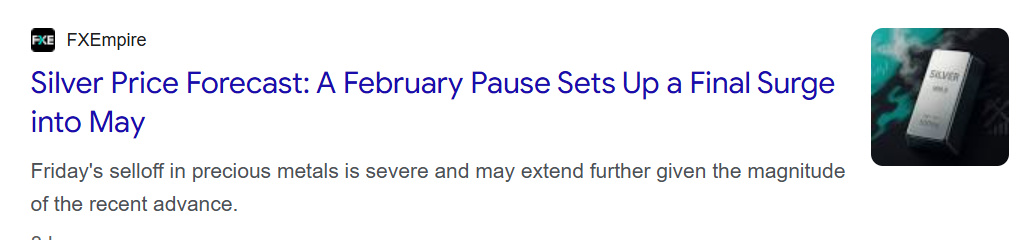 FXEmpire headline forecasting a short-term pause in silver prices before a potential surge into May.