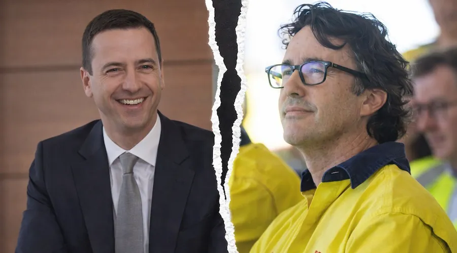 Split image showing a smiling man in a suit opposite a man in high-vis workwear, separated by a torn divider graphic.