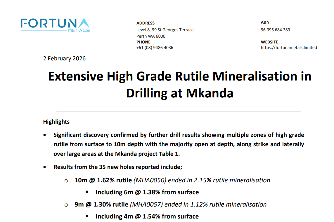 Screenshot of Fortuna Metals ASX announcement reporting extensive high grade rutile mineralisation from recent drilling at the Mkanda project.