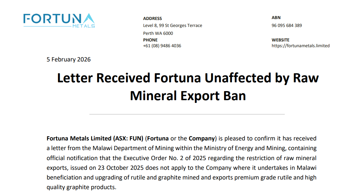 Screenshot of Fortuna Metals ASX announcement confirming the company is unaffected by Malawi’s raw mineral export ban.