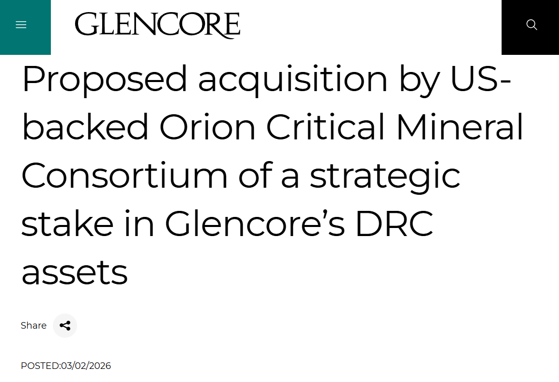 Screenshot of Glencore announcement detailing a proposed acquisition by the US-backed Orion Critical Mineral Consortium of DRC assets