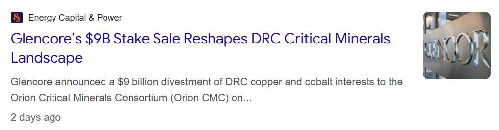 Screenshot of Energy Capital & Power article headline on Glencore’s $9bn stake sale reshaping the DRC critical minerals landscape.