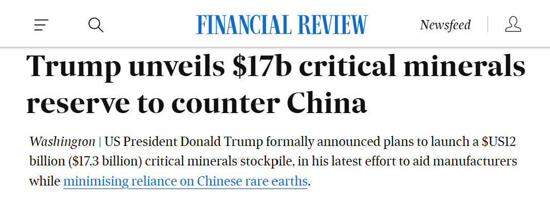 Screenshot of Financial Review headline reporting Trump unveiling a $17b critical minerals reserve to reduce reliance on China.