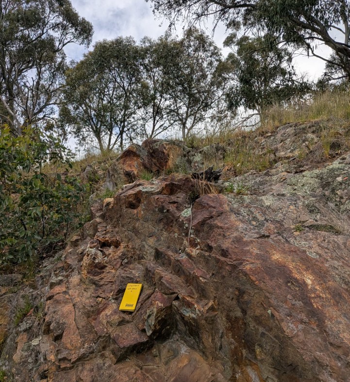 Rock outcrop with visible mineralisation and a yellow sample tag at an Australian gold and copper exploration site.