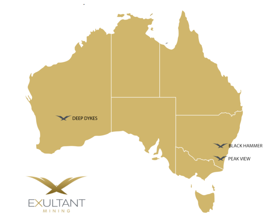 Map of Australia showing Exultant Mining project locations: Deep Dykes in WA and Black Hammer and Peak View in NSW.