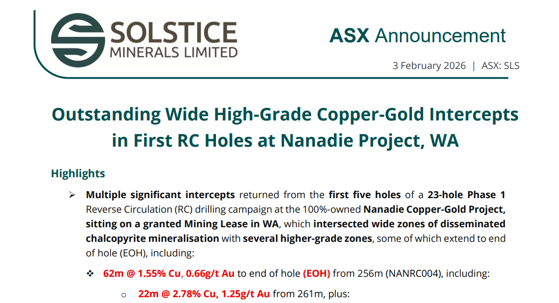 ASX announcement from Solstice Minerals dated 3 February 2026: “Outstanding Wide High-Grade Copper-Gold Intercepts in First RC Holes at Nanadie Project, WA,” highlighting 62m at 1.55% Cu and 0.66g/t Au