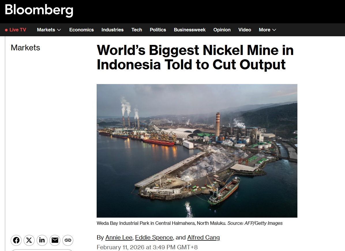 Screenshot of Bloomberg Markets headline: “World’s Biggest Nickel Mine in Indonesia Told to Cut Output,” with image of Weda Bay Industrial Park in North Maluku