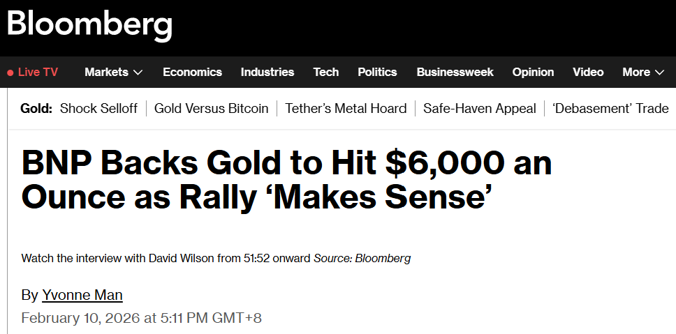 Screenshot of Bloomberg headline: “BNP Backs Gold To Hit $6,000 an Ounce as Rally ‘Makes Sense’,” dated February 10, 2026
