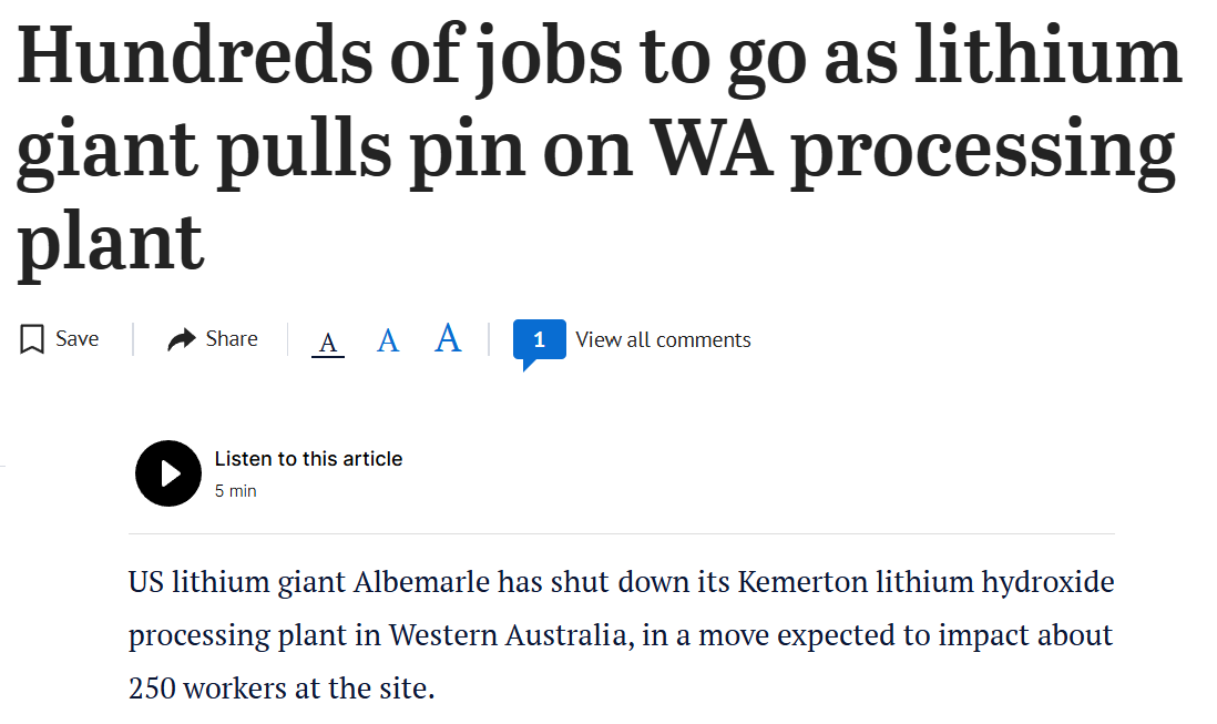 Screenshot of article headline: “Hundreds of jobs to go as lithium giant pulls pin on WA processing plant,” with subtext about Albemarle shutting Kemerton site affecting 250 workers