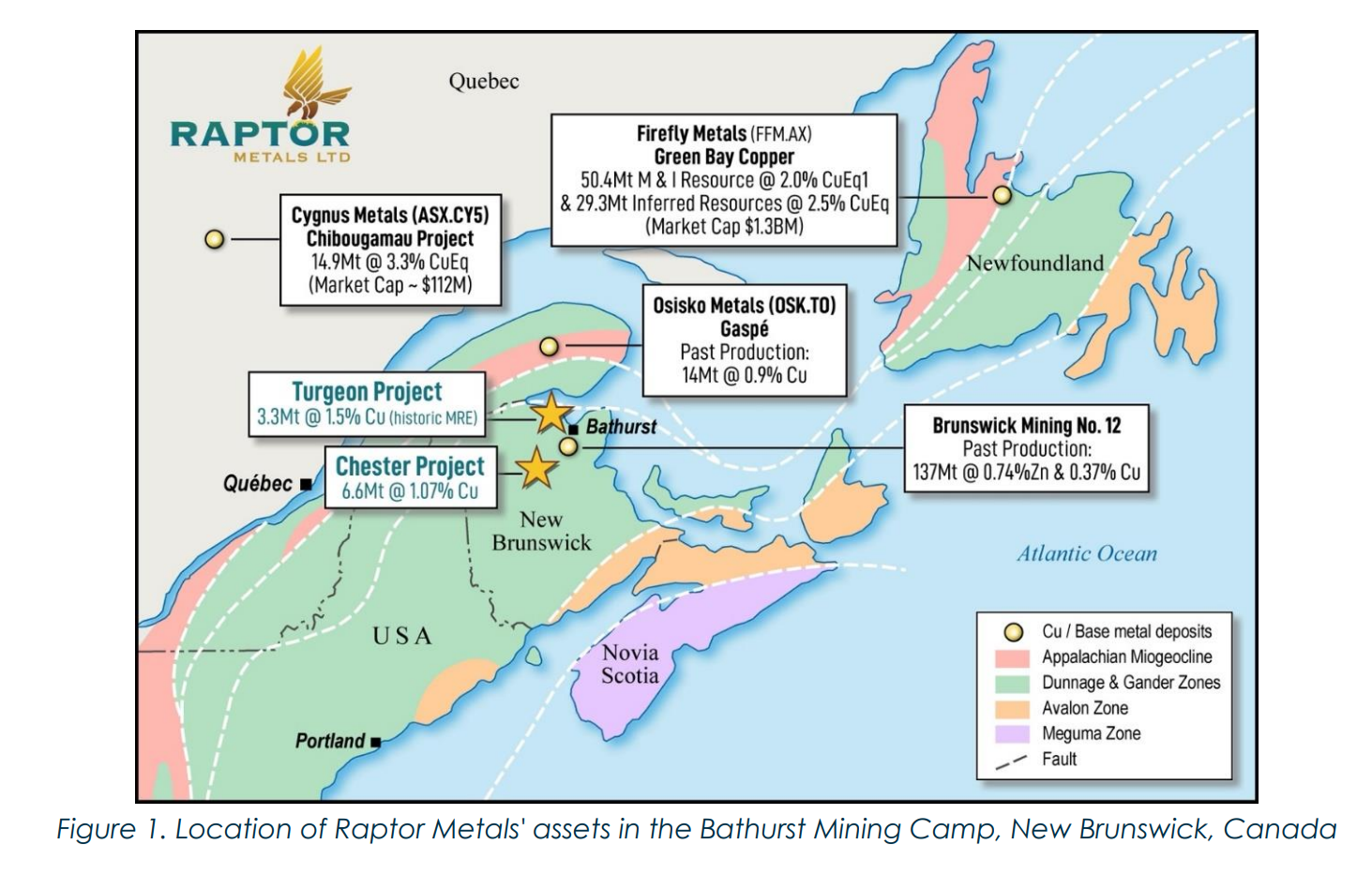 Map of eastern Canada showing Raptor Metals' Turgeon and Chester copper projects near Bathurst, New Brunswick, with nearby deposits labelled