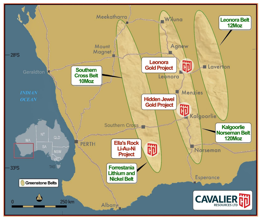 Map of Western Australia highlighting Cavalier Resources' Leonora, Hidden Jewel and Ella's Rock projects across major gold belts