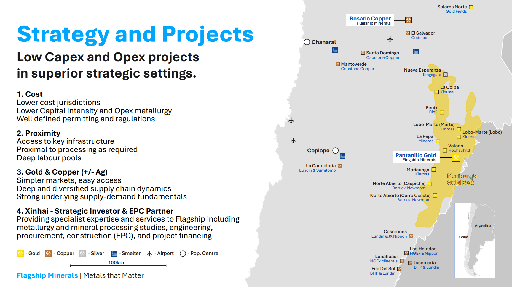 Strategy and Projects outlining low capex gold and copper strategy, with Chile map showing Rosario Copper and Pantanillo Gold locations