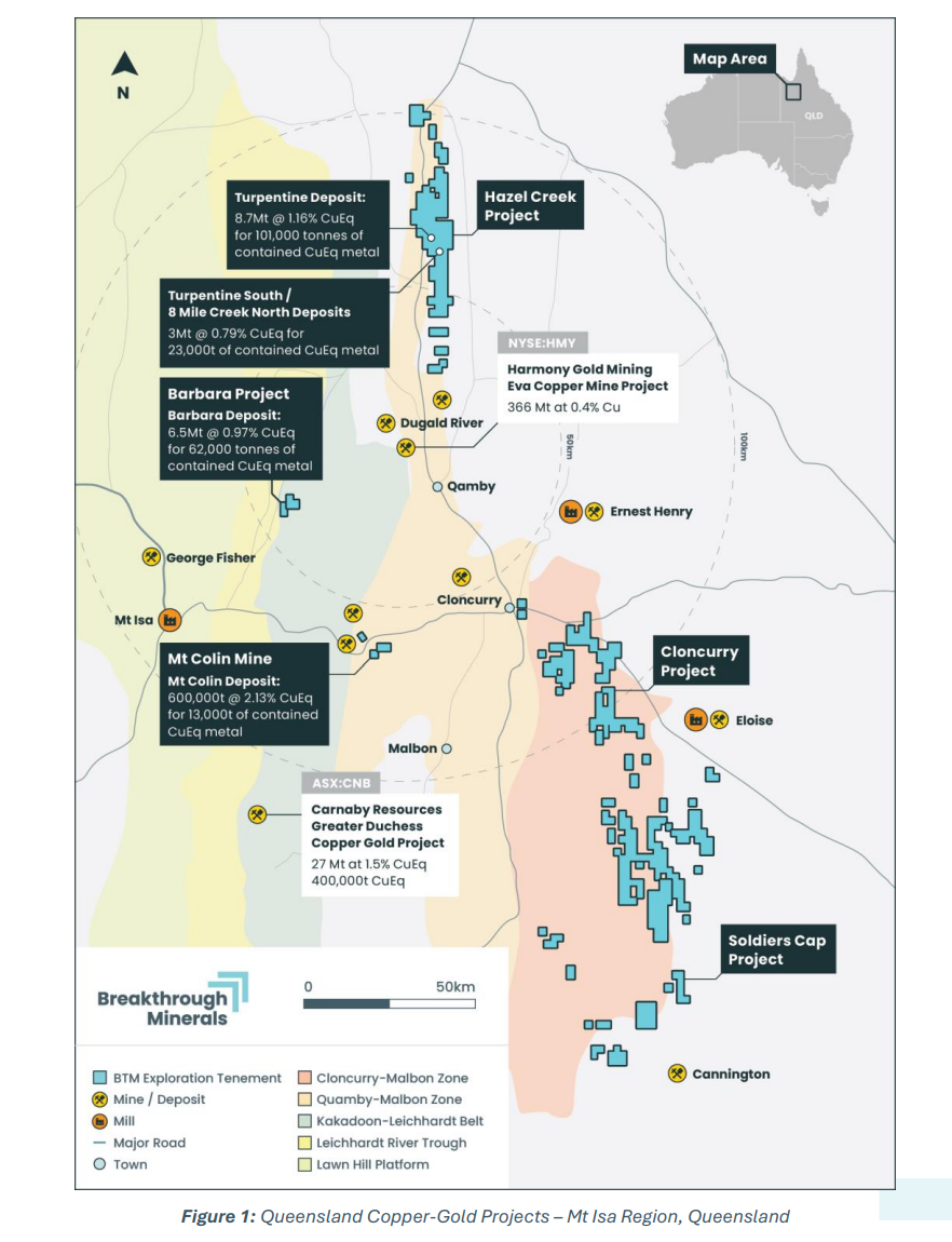 Map of Breakthrough Minerals' Queensland copper-gold projects near Mt Isa, highlighting Cloncurry, Hazel Creek and Soldiers Cap areas