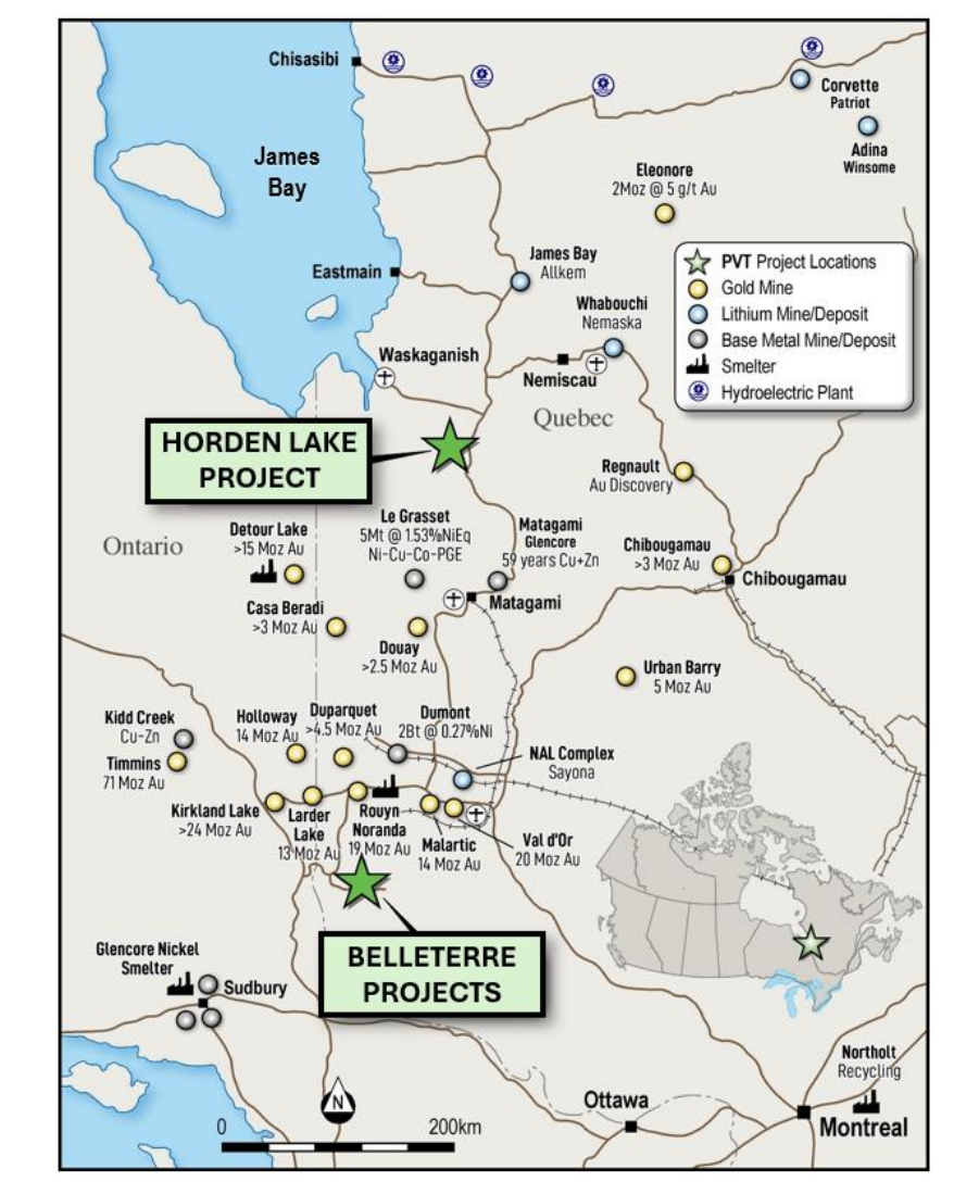 Map of Quebec and Ontario highlighting Horden Lake and Belleterre projects among major gold and base metal deposits