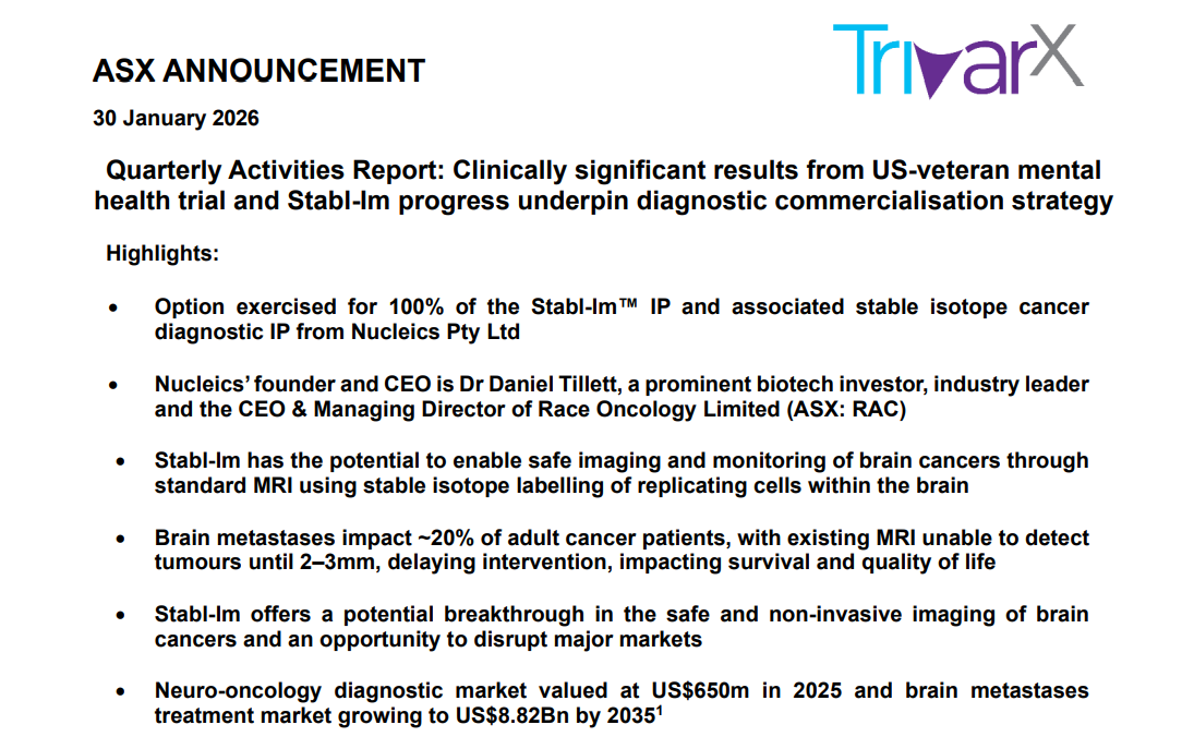 ASX announcement slide dated 30 January 2026 outlining TrivarX quarterly report and Stabl-Im clinical and commercial progress highlights