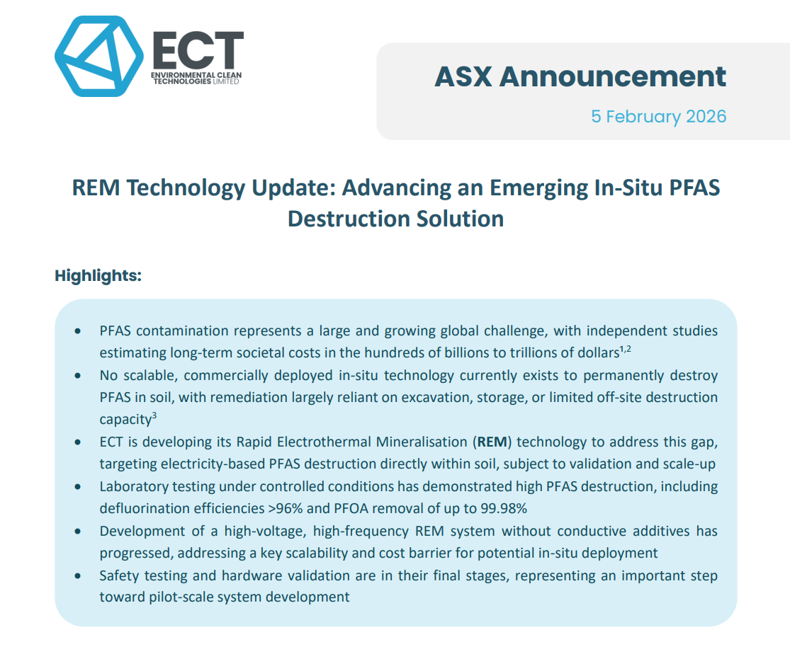 ASX announcement slide dated 5 February 2026 outlining ECT's REM PFAS destruction technology update and key highlights