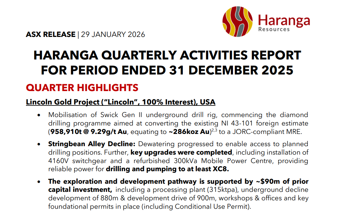 ASX release slide dated 29 January 2026 outlining Haranga Resources quarterly activities and Lincoln Gold Project highlights